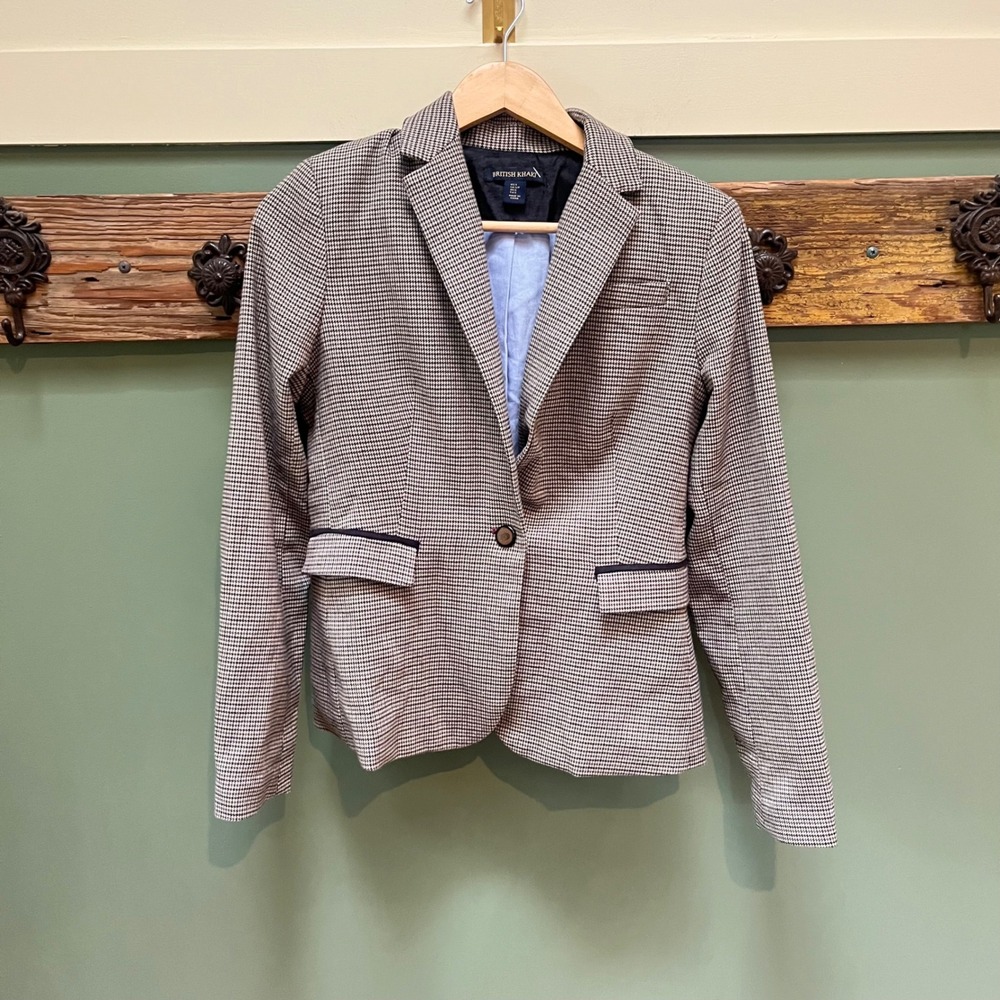 British Khaki Womens Houndstooth Blazer Elbow Patches Brown Black Size S